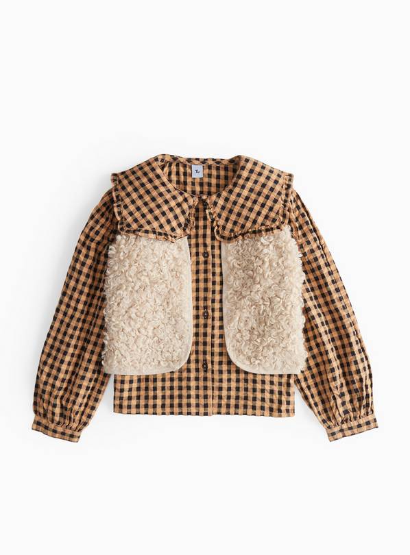 Gingham Check Collar Shirt & Beige Fleece Gilet Set 10 years